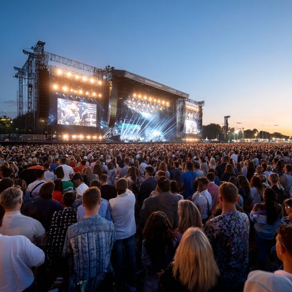 panoramic view of a massive outdoor concert at Streatham Common, London at dusk