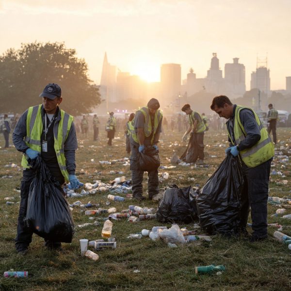 a professional rubbish removal crew cleaning up after a large outdoor music festival at Hopkin's Meadow, Queen Elizabeth Park