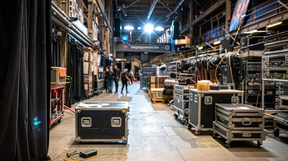 Backstage area of a large indoor London concert venue