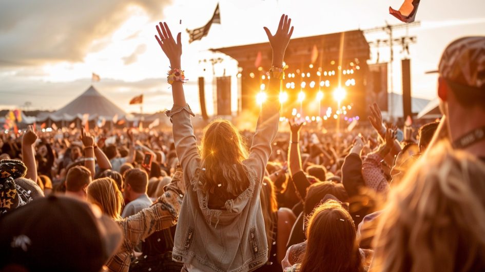Massive crowd at the Glastonbury Festival during peak headline performance