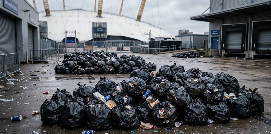 dozens of black plastic garbage bags filled with waste, piled in clusters across a wide concrete service area outside the O2 Arena in London