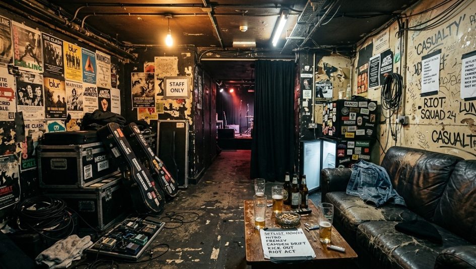 cramped backstage area inside a live music venue in Camden, London